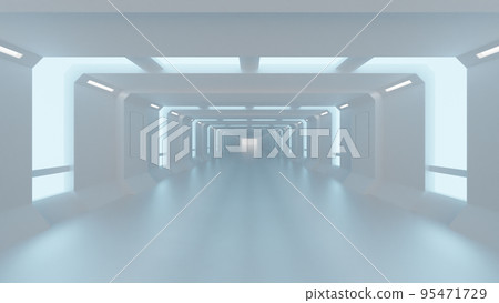 A futuristic space reminiscent of an advanced science laboratory. Floors illuminated by cool lines of light embedded in walls and ceilings, 95471729
