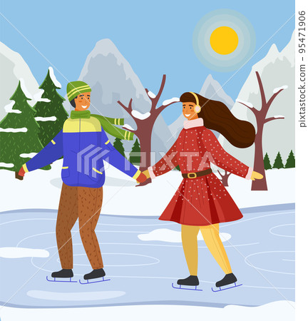 Couple skating together in winter at snow landscape background, snow-covered trees and fir-trees 95471906
