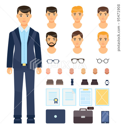 Set of businessman changeable elements, collection of haircuts, office accessories, shoes, suitcases Set of businessman changeable elements, collection of haircuts, office accessories, shoes, suitcases 95471908