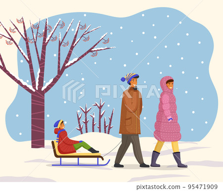 Family wearing warm winter clothes walking in winter park, father ride son on sledge at snow 95471909