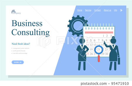 Concept of landing page of website, business consulting, menu bar, businesswomen with calendar 95471910