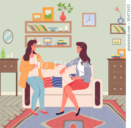Girlfriends talking at home with cup of tea or coffee sitting at sofa, friends relaxing indoors Girlfriends talking at home with cup of tea or coffee sitting at sofa, friends relaxing indoors 95471915