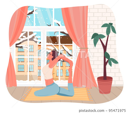 Young woman making yoga exercise at carpet on floor. Snowy winter outside window, sport at home Young woman making yoga exercise at carpet on floor. Snowy winter outside window, sport at home 95471975
