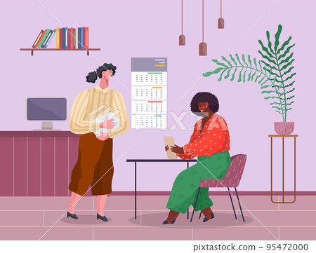 Communicating office workers, african woman with digital tablet sitting at table, colleague standing Communicating office workers, african woman with digital tablet sitting at table, colleague standing 95472000