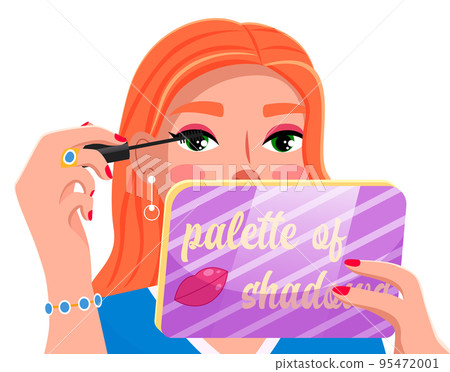 Cute girl using mascara, holding palette of shadows in hand with mirror, beauty blogger, makeup 95472001