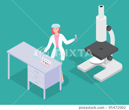 Scientist woman wearing white gown exploring elements, making tests with flasks and test tubes 95472002