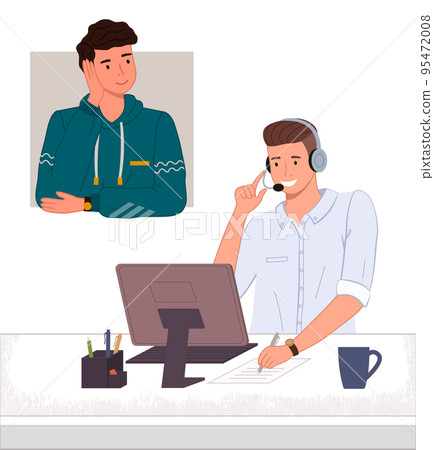 Operator of call center or hotline talking with customer, client listening manager with headset Operator of call center or hotline talking with customer, client listening manager with headset 95472008