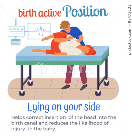 Birth active position lying on your side, man help pregnant woman during birth pains, useful poster 95472123