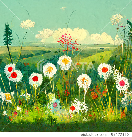 Rural landscape with green agriculture fields, path and bushes with chamomille flowers. Rural landscape with green agriculture fields, path and bushes with chamomille flowers. 95472310