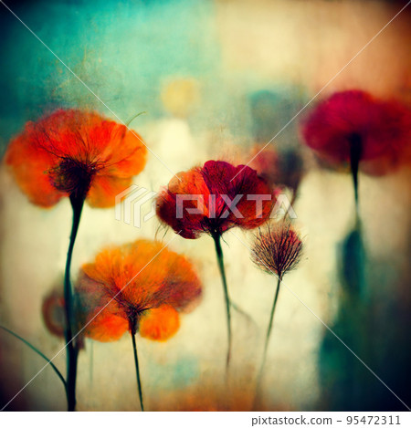 Beautiful poppy field in bright sunlight. Spring flower background, shallow depth of field. Field of wild flowers. Beautiful poppy field in bright sunlight. Spring flower background, shallow depth of field. Field of wild flowers. 95472311