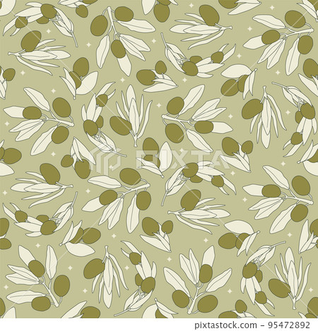Cartoon fairy seamless pattern of olives and leaves. Vector outline flat illustration. 95472892
