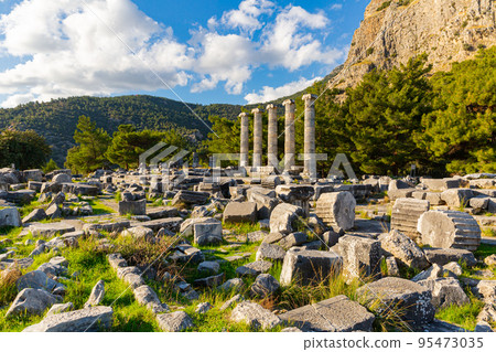 Ruins of Temple of Athena of Priene at foot of escarpment of Mycale, Turkey Ruins of Temple of Athena of Priene at foot of escarpment of Mycale, Turkey 95473035