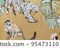 Textile wallcovering background with tropical leaves and exotic animals 95473110