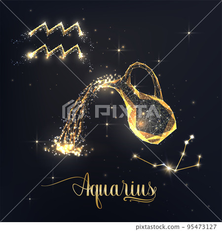 Gold Aquarius zodiac sign poster with jug zodiac figure, symbol glyph, constellation and zodiac name Gold Aquarius zodiac sign poster with jug zodiac figure, symbol glyph, constellation and zodiac name 95473127