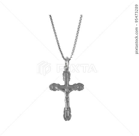 Silver crucifix necklace cross isolated on white background. 95473289