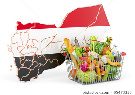 Purchasing power and market basket in Yemen concept. Shopping basket with Yemeni map, 3D rendering Purchasing power and market basket in Yemen concept. Shopping basket with Yemeni map, 3D rendering 95473333