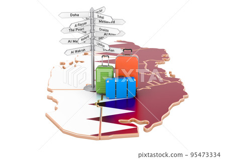 Qatar travel concept. Qatari flag on map with suitcases and signpost, 3D rendering Qatar travel concept. Qatari flag on map with suitcases and signpost, 3D rendering 95473334