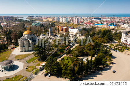 Aerial view of Poti cityscape with Orthodox Cathedral, Georgia 95473455