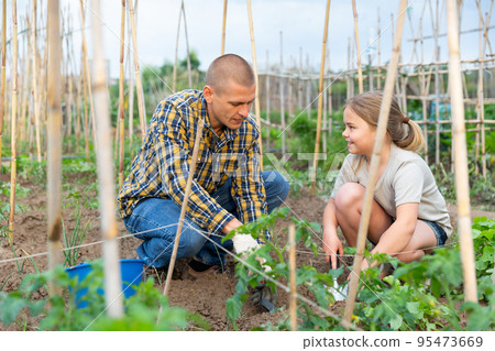 Man working with daughter at family garden Man working with daughter at family garden 95473669
