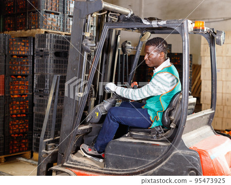 Confident African-American male forklift driver working in citrus fruit warehouse Confident African-American male forklift driver working in citrus fruit warehouse 95473925