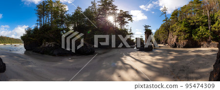 Sandy beach on Pacific Ocean Coast Panoramic View. Sunny Blue Sky. San Josef Bay 95474309