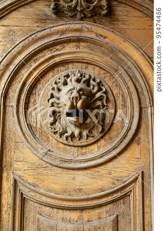 wooden door with a knocker in the form of a lion. Abstract background. 95474486