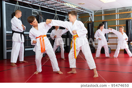 Two boys working in pair, mastering new karate moves Two boys working in pair, mastering new karate moves 95474650