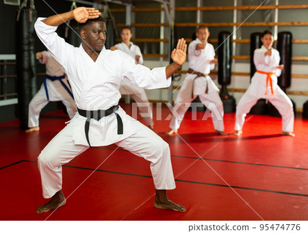 African american man in kimono fighting stance at karate training closeup African american man in kimono fighting stance at karate training closeup 95474776