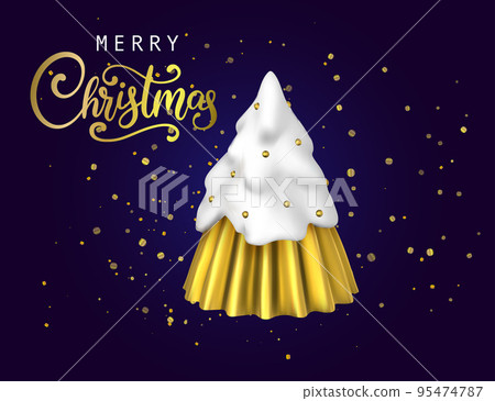 Christmas tree 3d white gold decoration ornament, Xmas toy render, New Year holiday snow pine rendering card 95474787