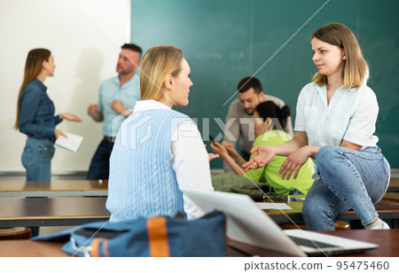 Two positive female students communicate with each other Two positive female students communicate with each other 95475460