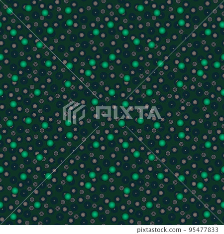 Abstract seamless pattern with colorful voluminous different balls on green. 95477833