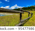 Beautiful view over a wooden fence between wooden fence posts 95477986