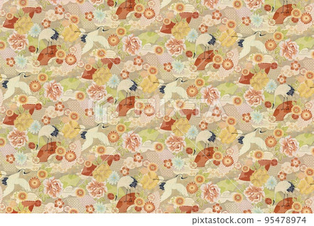 [Material] Retro background with Japanese style pattern of cranes surrounded by geometric patterns and flowers. 95478974