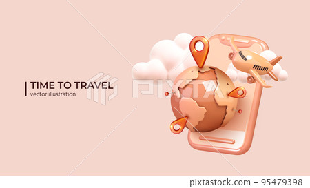 Opportunity to travel the world again. Realistic 3d cartoon minimal style. Vector illustration 95479398