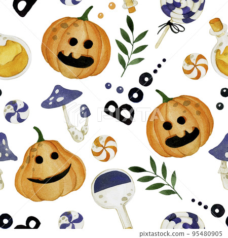 watercolor drawing, set, collection of cliparts on the theme of halloween. isolated on white background cute pumpkins, flags, candies, mushrooms. bright set for children 95480905