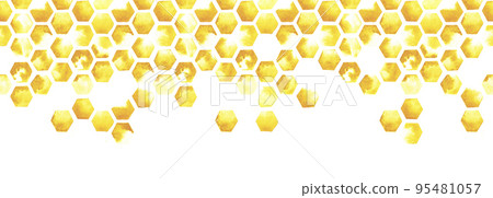 watercolor illustration seamless border, web banner. honeycomb yellow, abstract print. tile, geometric pattern with paint spots on a white background 95481057