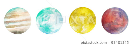 Illustration of Jupiter, the Earth, the Moon, and Mars drawn with transparent watercolor Background illustrations Planets Illustration of Jupiter, the Earth, the Moon, and Mars drawn with transparent watercolor Background illustrations Planets 95481345