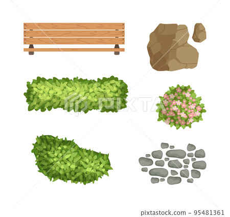 Wooden Bench, Boulder, Green Bush and Pebbles as Landscape Elements Vector Set 95481361