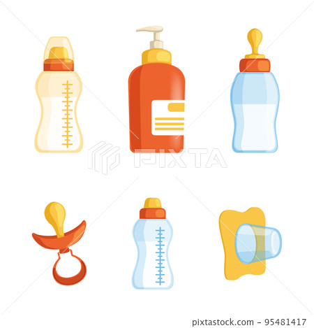 Breastfeeding Items with Milk Bottle, Soap Dispenser Bottle and Soother or Dummy Vector Set 95481417