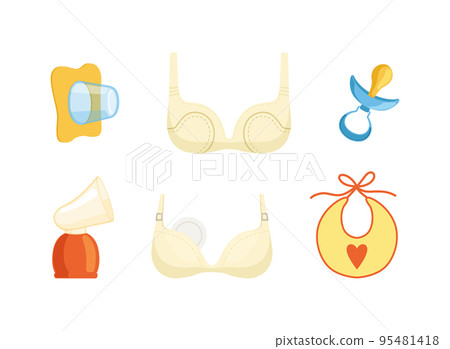 Breastfeeding Items with Soother, Bib, Bra, Cap and Cup for Milk Sucking Vector Set Breastfeeding Items with Soother, Bib, Bra, Cap and Cup for Milk Sucking Vector Set 95481418