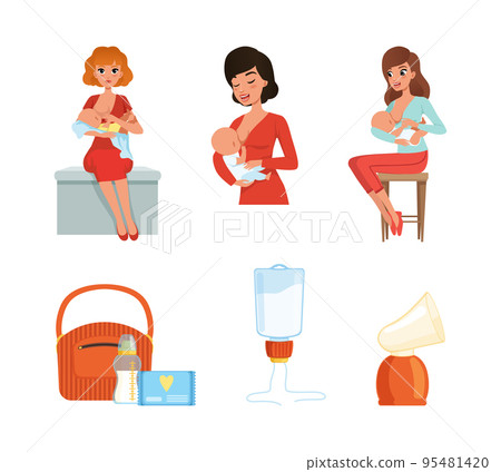 Breastfeeding with Woman Holding Baby and Items with Milk Bottle Vector Set 95481420
