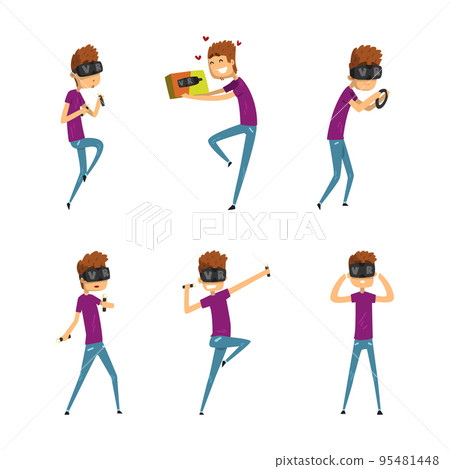Young Man Wearing VR Glasses Interacting with Invisible Virtual Object Vector Set 95481448