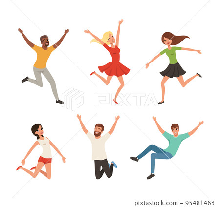 Happy People Character Jumping with Raised Hands Vector Set Happy People Character Jumping with Raised Hands Vector Set 95481463