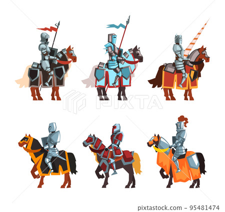 Armored Medieval Knight or Cavalryman Sitting on Horseback Holding Lance Vector Set Armored Medieval Knight or Cavalryman Sitting on Horseback Holding Lance Vector Set 95481474