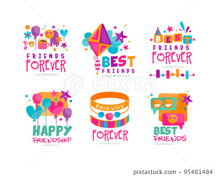 Friends Forever Logo Design with Balloons, Holiday Symbol and Bracelet Vector Set 95481484