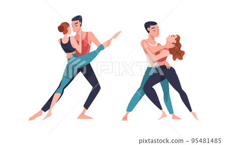 Men and women professional dancers training and exercising in studio or rehearsing performance cartoon vector illustratio 95481485