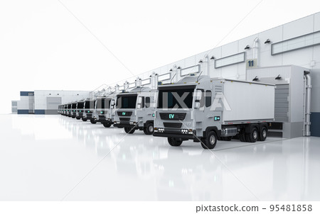 Group of logistic trailer trucks or lorries at warehouse 95481858