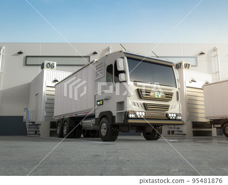 Group of logistic trailer trucks or lorries at warehouse 95481876