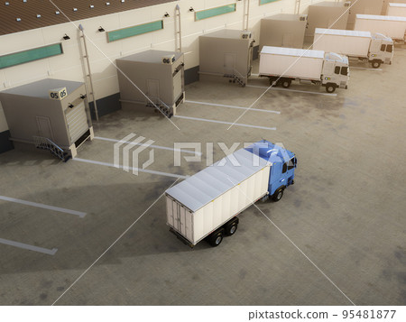 Group of logistic trailer trucks or lorries at warehouse 95481877