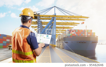 Engineer or asian worker work at container terminal port 95482646